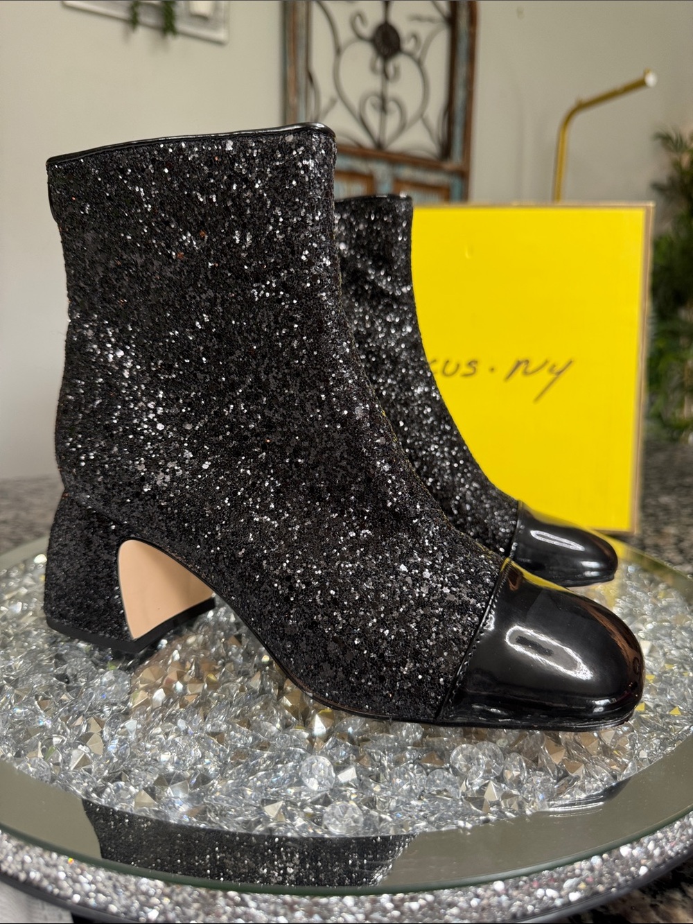 Circus by Sam Edelman Osten Black Glitter Block Heel Ankle Boots NEW 7